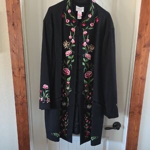 Victor Costa Black Cardigan with Floral Embroidery
